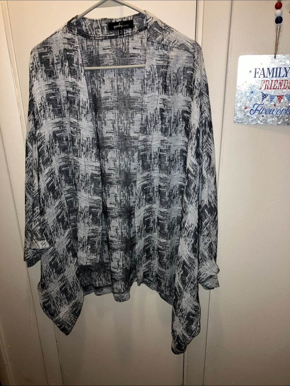 Yushi Black & White Open Front Knit Linen Cardigan XXL
